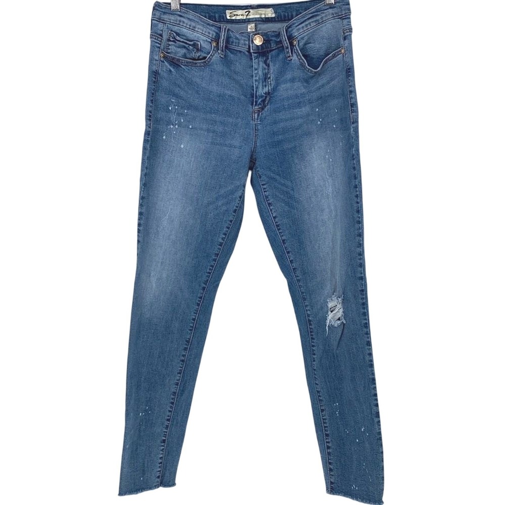 Seven7 Ankle Skinny High Rise Girlfriend Jeans Paint Splatter Raw Hem Size 8